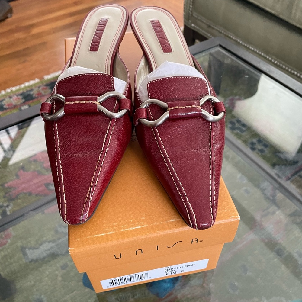 Unisa Cabria Leather Mules - Deep Red with Silver Accents